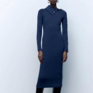 Rib-Knit Navy Long-Sleeve Midi Dress with Button Details Size S